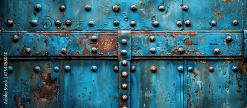 Detailed close-up view of a metal door with rivets for industrial or architectural purposes.