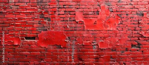 A weathered red brick wall with peeling paint, showcasing its age and character.