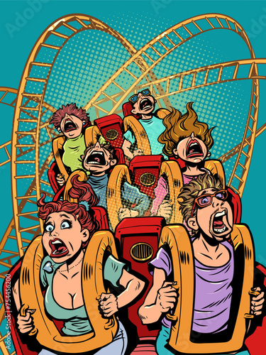 People scream and ride a roller coaster. Poster for amusement park and free leisure. A banner with a unique offer that will turn your head.
