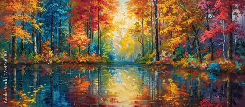 A painting of a lake in the midst of a dense forest, with vibrant green trees reflecting on the waters surface.