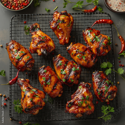 Top view of appetizing grilled chicken wings placed on metal grid on gray background ai technology