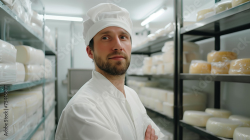 Professional Chef Inspecting Artisan Cheese Wheels in Dairy Storage Room.