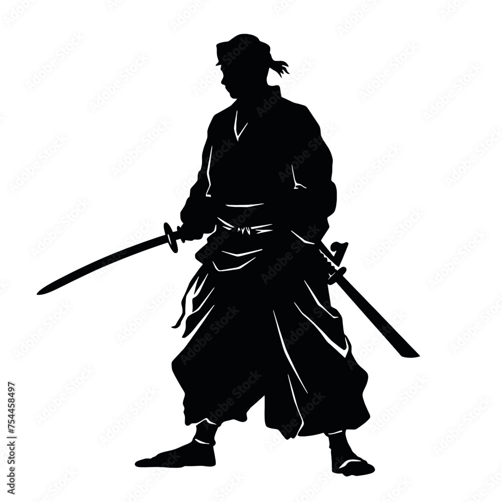 Black and white samurai vector illustration, logo design of a traditional Japanese warrior with katana sword Black and white samurai vector illustration, logo design of a traditional Japanese warrior with katana sword