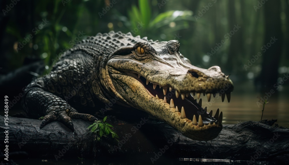 Fototapeta premium A sizable saltwater alligator is lounging comfortably atop a wooden log in its natural habitat. The reptile appears motionless, blending in with its surroundings