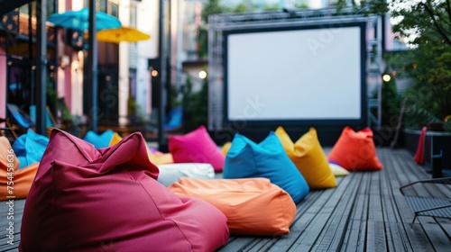 Fototapeta Naklejka Na Ścianę i Meble -  A row of colorful bean bags are arranged on a wooden deck, with a large white screen in the background. The scene suggests a relaxed and comfortable atmosphere