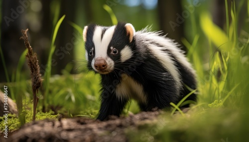 A black and white striped skunk is walking through a dense forest filled with trees and foliage. The animal is moving cautiously, exploring its surroundings in search of food or a suitable den
