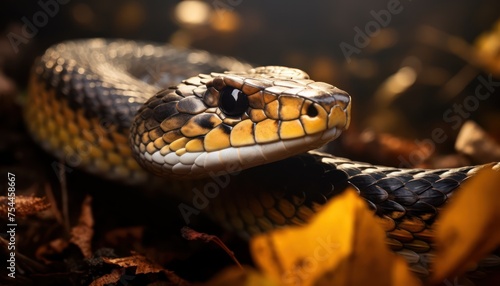 A detailed view of a Tiger Snake slithering on the ground, showing its distinctive patterns and scales. The snake appears alert and ready to move, showcasing its natural behavior in its habitat
