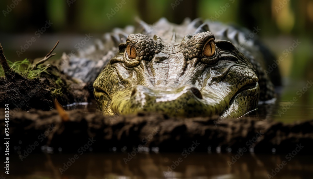 A close-up view of a large Caiman alligator in its natural habitat, swimming in a body of water. The alligators scales and eyes are clearly visible as it moves gracefully through the water