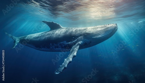 A blue humpback whale gracefully swims through the ocean, its massive body gliding effortlessly through the water. The whales distinctive hump and long pectoral fins are visible.