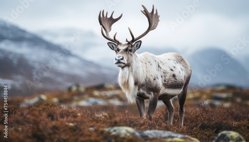 A massive white deer  known as a Caribou Reindeer  is standing prominently on top of a field covered in lush green grass. The deers majestic presence is captured in this scene of nature
