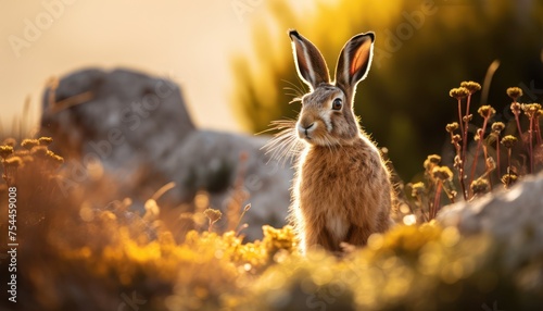 A European hare, with its brown fur, is calmly sitting amidst a meadow filled with vibrant yellow flowers. The scene captures the rabbits interaction with its natural environment © Anna