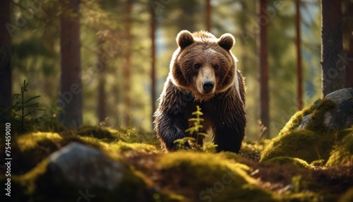 A large European Brown Bear strides through a dense forest, its massive paws making imprints in the earth as it moves along steadily. The bears fur blends seamlessly with the surrounding trees.