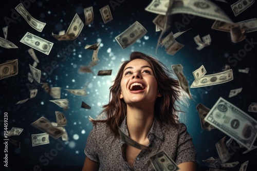 Happy person getting bonus money and banknotes flying in the air and get lucky rich and financial freedom comeliness
