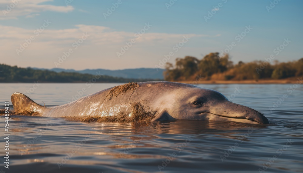 Fototapeta premium A Irrawaddy dolphin is swimming in the water near the shore. The playful mammal gracefully moves through the clear blue water, its dorsal fin cutting through the surface as it explores its habitat