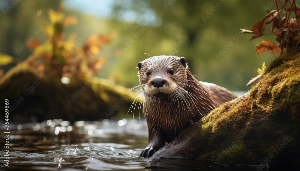 A close-up view of a North American River Otter swimming in a body of water, with its fur glistening from being wet. The otter is actively moving through the water. A close-up view of a North American River Otter swimming in a body of water, with its fur glistening from being wet. The otter is actively moving through the water.