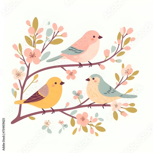 Spring birds on a branch, pastel colors, isolated illustration in flat style. Pastel color doodle bundle for fashion design, spring season or natural concept. Modern hand drawn plant leaf decoration 