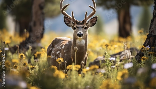 A mule deer is standing in a field filled with yellow flowers. The deer is looking around the tranquil landscape  blending seamlessly with the vibrant blooms