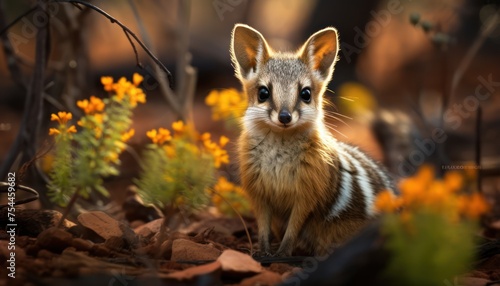 A small Numbat, with distinct markings, stands alert in the middle of a dense forest, surrounded by tall trees and foliage. It appears to be scanning its environment for potential threats or prey © Anna