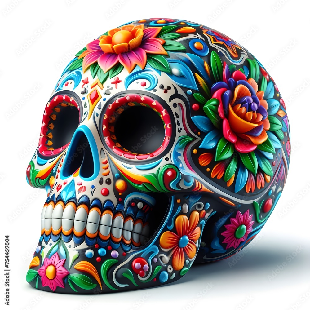 3d skull Mexican paint Day of the dead festival art illustration isolated on white background