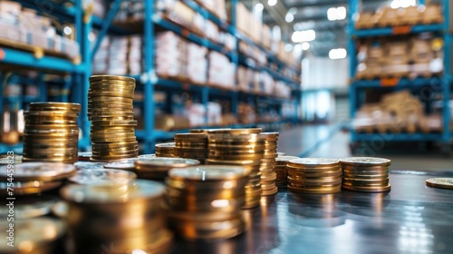 Close-up image of ascending stacks of coins on a reflective surface with a blurred industrial backdrop, indicating financial growth and cost efficiency.
 photo