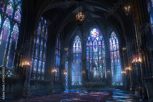 A gothic cathedral with stained glass windows and flying buttresses
