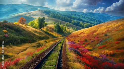 Railroad passing through flowering summer fields