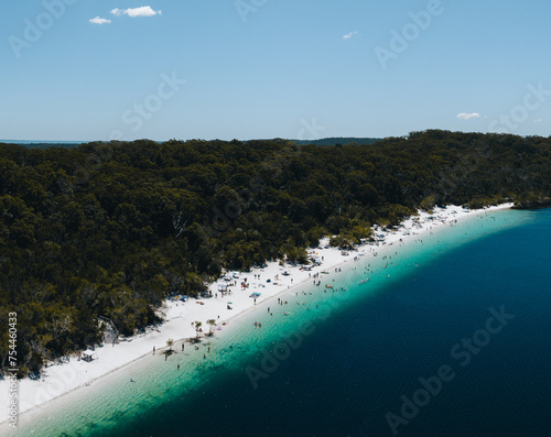 Aerial Drone shot Lake McKenzie, Fraser Island also called kgari, Queensland QLD, Australia. photo