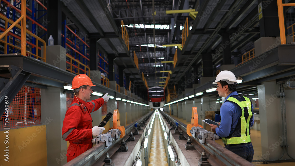The railway chief engineer and maintenance engineer collaborate on maintaining the electric train tracks at the Sky train garage. The railway chief engineer and maintenance engineer collaborate on maintaining the electric train tracks at the Sky train garage.