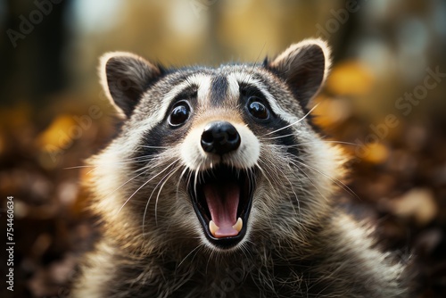 Curious raccoon with a surprised expression standing in a lush green forest environment