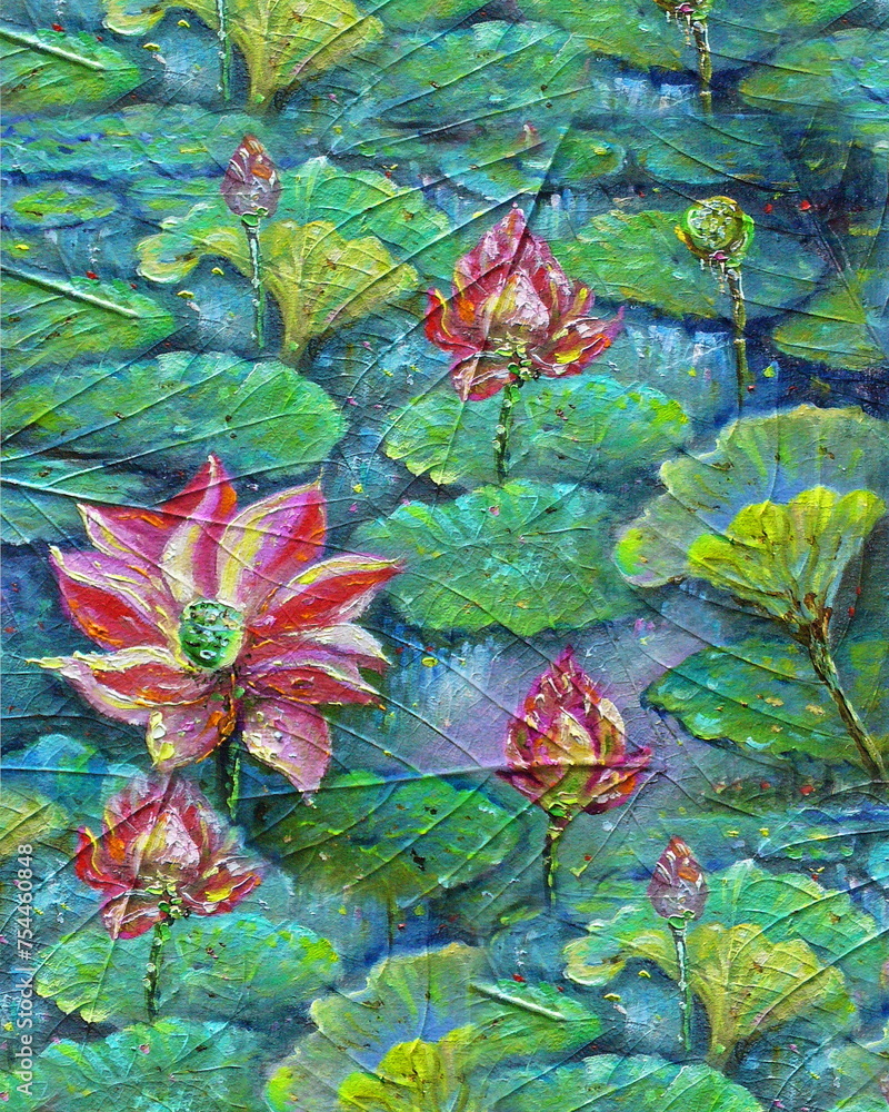 Original oil painting abstract color petal lotus flower and waterlily	
