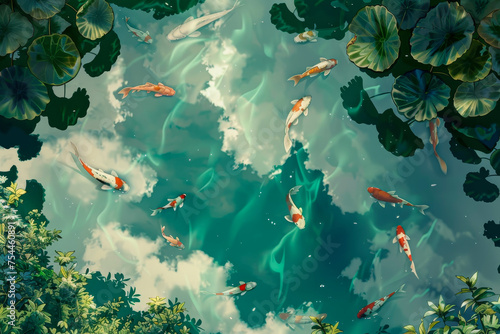 A jade-green pond mirrors the sky. Lotus leaves float on its surface, their serrated edges catching sunlight.