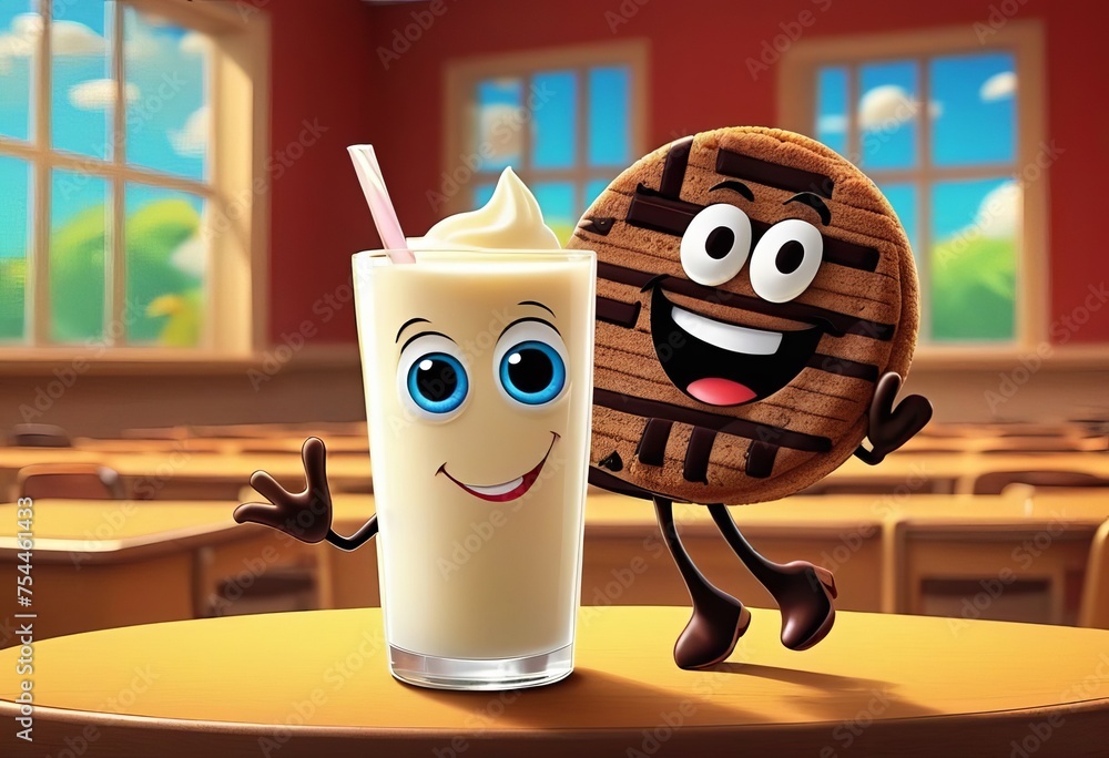 Fototapeta premium cheerful glass of milk smiling and having fun together with a chocolate cookie against the backdrop of a school class
