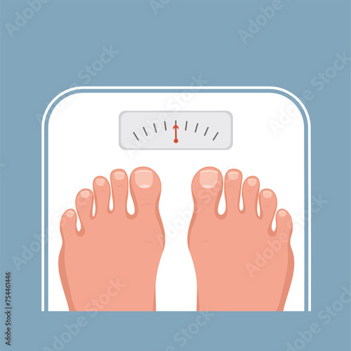 Overweight female feet on scales. Top view of feet. Weight measurement and control. Human healthy lifestyle. Vector illustration.