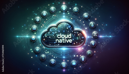 Futuristic Cloud Native concept with orbiting icons and vibrant colors.