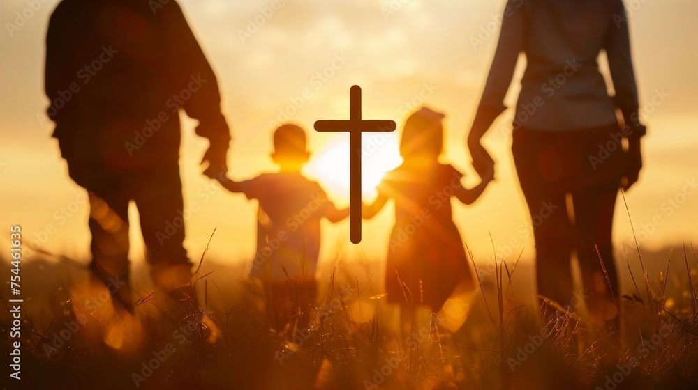 a family with children walking together and holding hands on a field in america. christian cross faith. wallpaper background - obrazy, fototapety, plakaty 