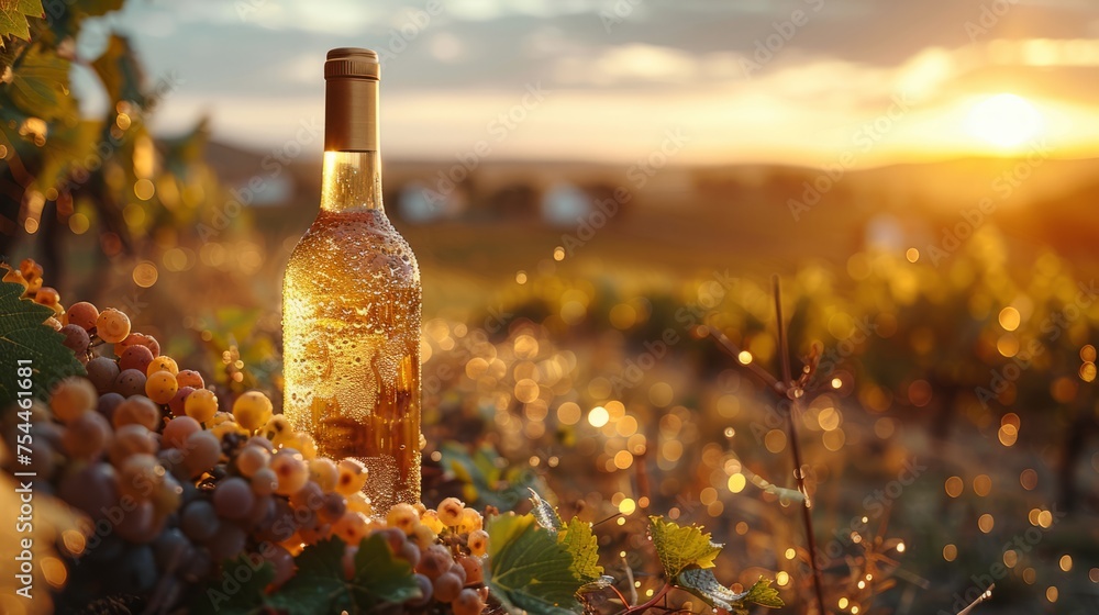 Bottle of wine atop grapes in vineyard with natural landscape