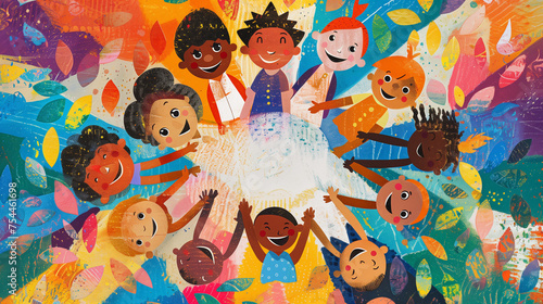 A colorful illustration of diverse, happy children surrounded by a lively abstract background.