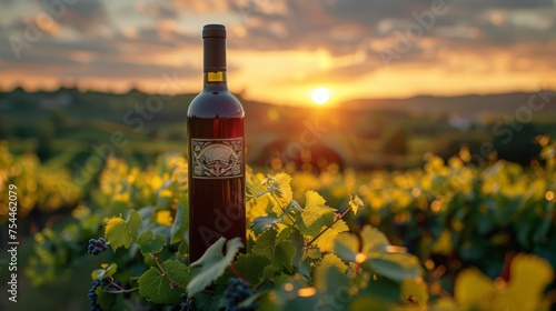 Glass bottle of liquid on grass at vineyard during sunset