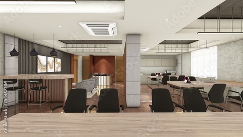 Interior design of office space with false ceiling and wood panels 3d visualization