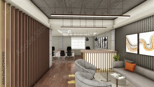 Interior design of office space with false ceiling and wood panels 3d visualization