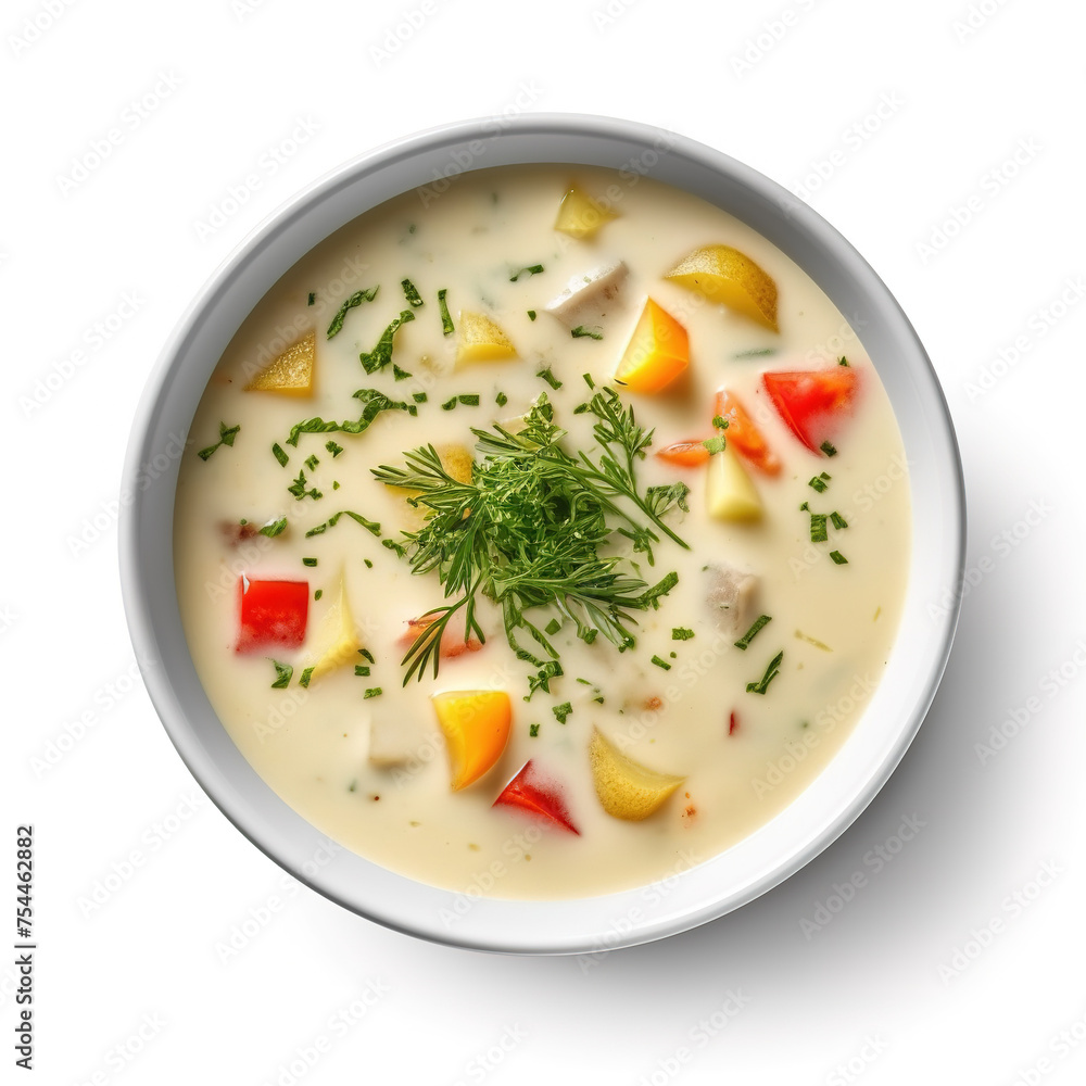 vegetable cream soup in a white bowl, top view, isolated on a transparent background 