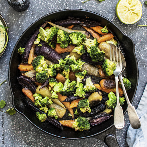 Fried vegetables in a pan photo