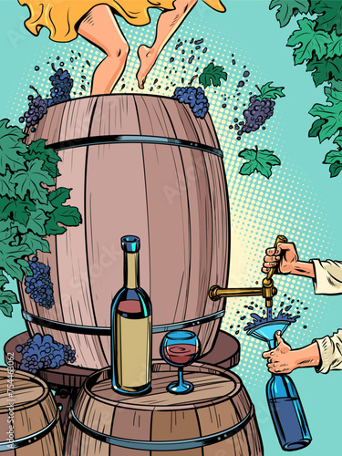 The process of creating wine and drinking it instantly. A large barrel of grapes, women's feet crushing them, a man pouring a drink into a bottle. Alcoholic drinks with incredible taste. Alcoholic