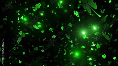 St Patricks Day Ireland Green Falling Shiny Shamrocks 4K Animation Seamless Loop Lights Background
