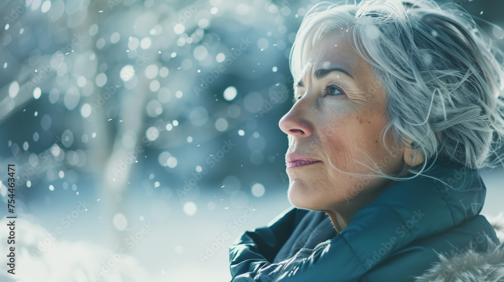 Senior woman embracing cold exposure for its health benefits. Senior woman embracing cold exposure for its health benefits.