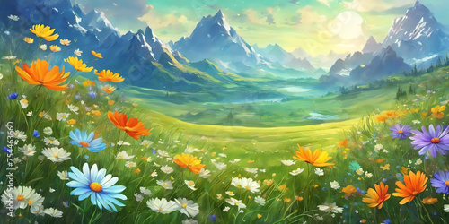 Spring landscape  blossoming field with green grass  colored flowers  blue sky with sun and clouds  trees and mountains on the horizon. Nature illustration. Generative AI