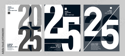 2025 Colorful set of Happy New Year posters. Abstract design with typography style. Vector logo 2025 for celebration and season decoration, backgrounds for branding, banner, cover, poster and more.