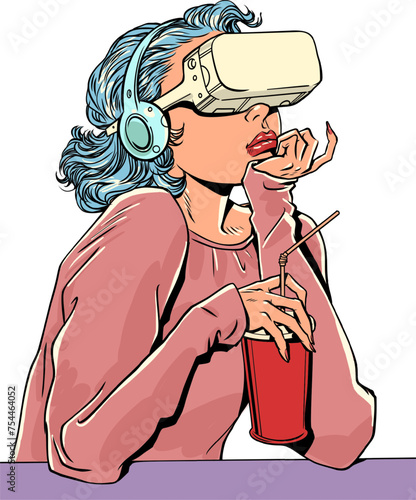 A girl wearing headphones and VR glasses sits in a cafe. An alternative reality against the backdrop of our everyday life. New opportunities for socialization and education.