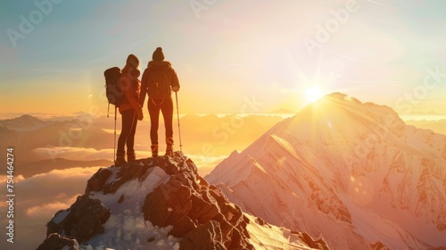 two hikers climbing to the top of a mountain at dawn. They are bound together by a safety rope, helping each other up the rocky terrain © Abdul Rehman