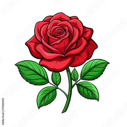 redcartoon rose flower with green leaves on white
